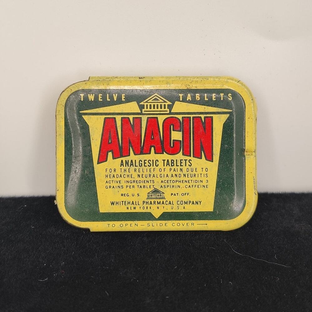 Vintage Anacin Metal Pill Tin Box Analgesic Tablets Movie Prop Steampunk